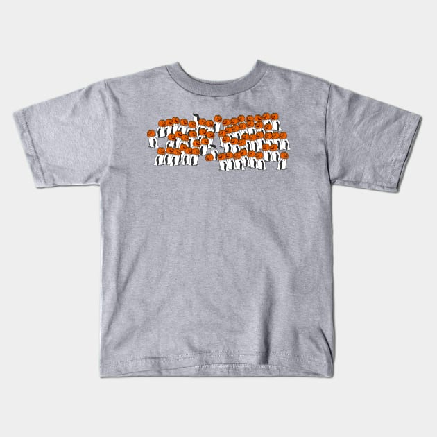 Halloween Horror Party of Penguins wearing Pumpkin Head Costumes Kids T-Shirt by ellenhenryart